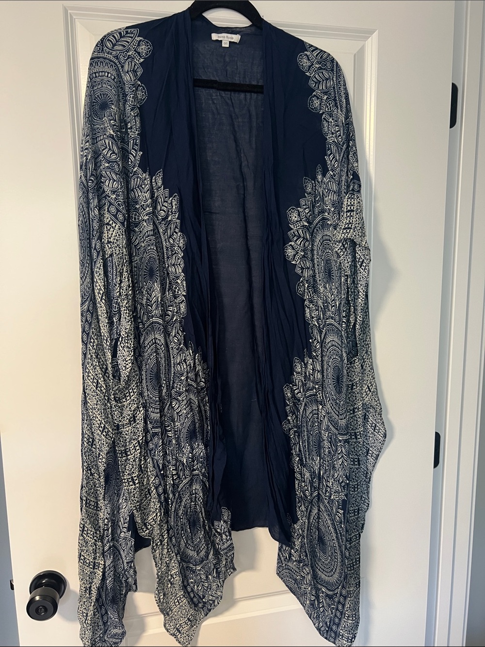 Navy & White Printed Sheer Swim Coverup Kimono